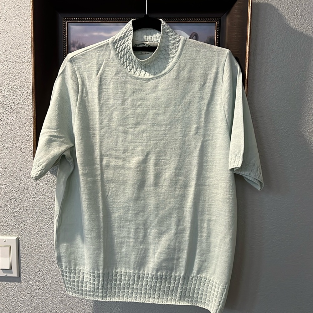 ARAN CRAFTS Agua Mint Ireland Wool & Acrylic Mock Neck Short Sleeve Sweater SZ L